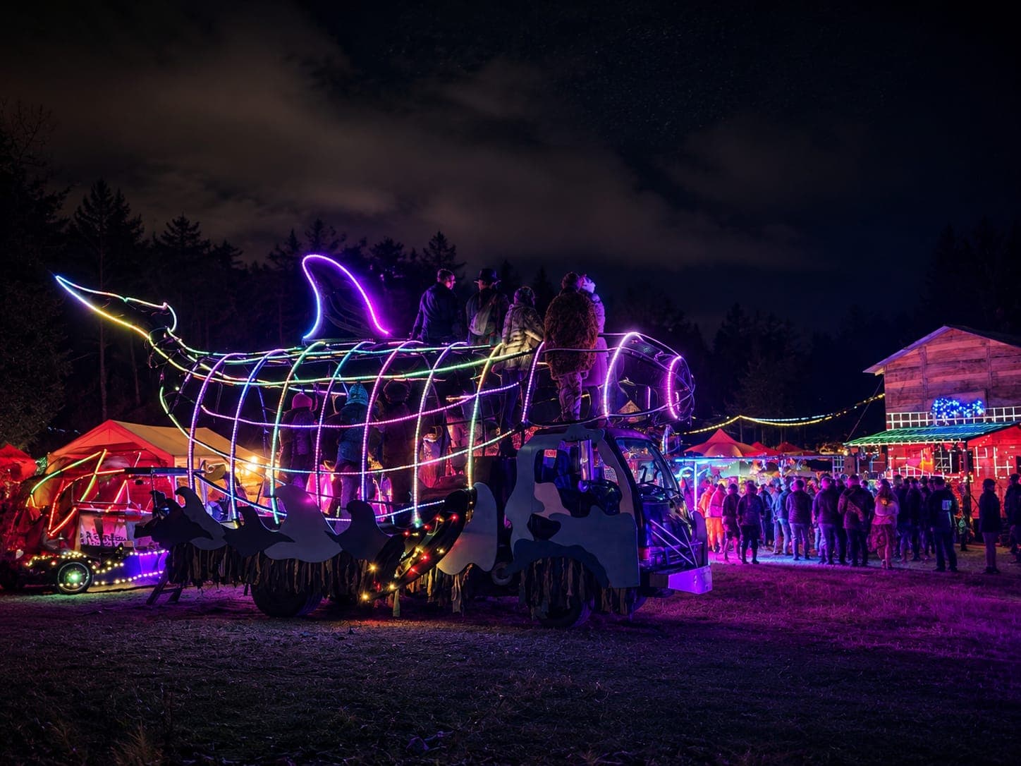 The Orcar lit up at night with rainbow LED ropes tracing the orca's wireframe body, dorsal fin, and tail against a dark sky